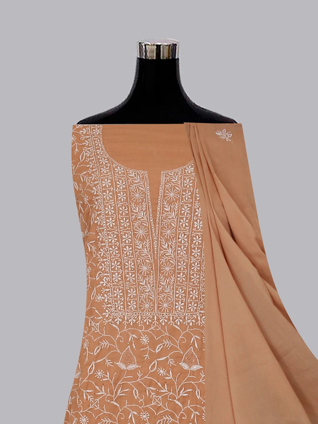 Ada Hand Embroidered French Beige Mul Cotton Lucknowi Chikankari Unstitched Kurta Dupatta Set With Mukaish Work 01A359733