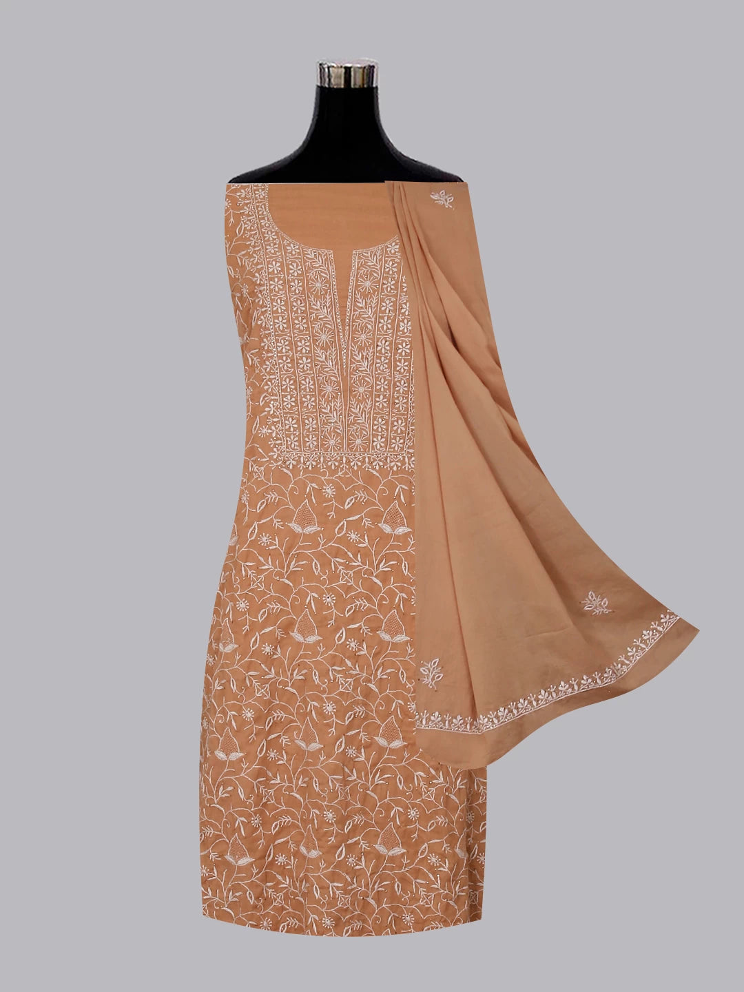 Ada Hand Embroidered French Beige Mul Cotton Lucknowi Chikankari Unstitched Kurta Dupatta Set With Mukaish Work 01A359733