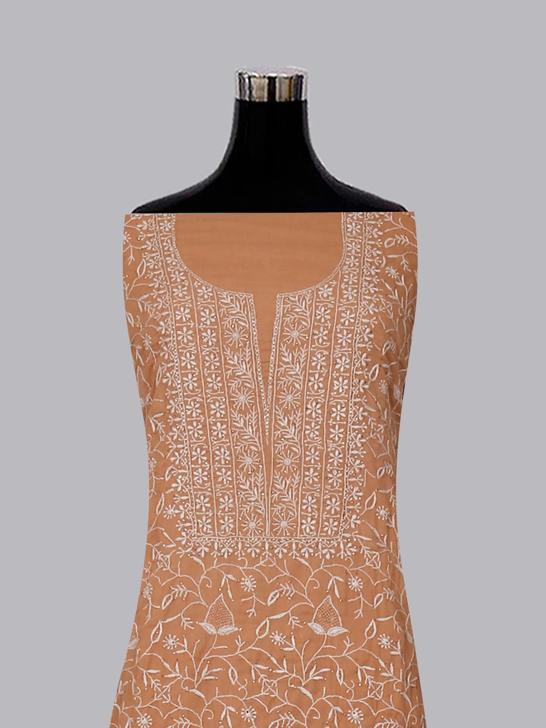 Ada Hand Embroidered French Beige Mul Cotton Lucknowi Chikankari Unstitched Kurta Dupatta Set With Mukaish Work 01A359733