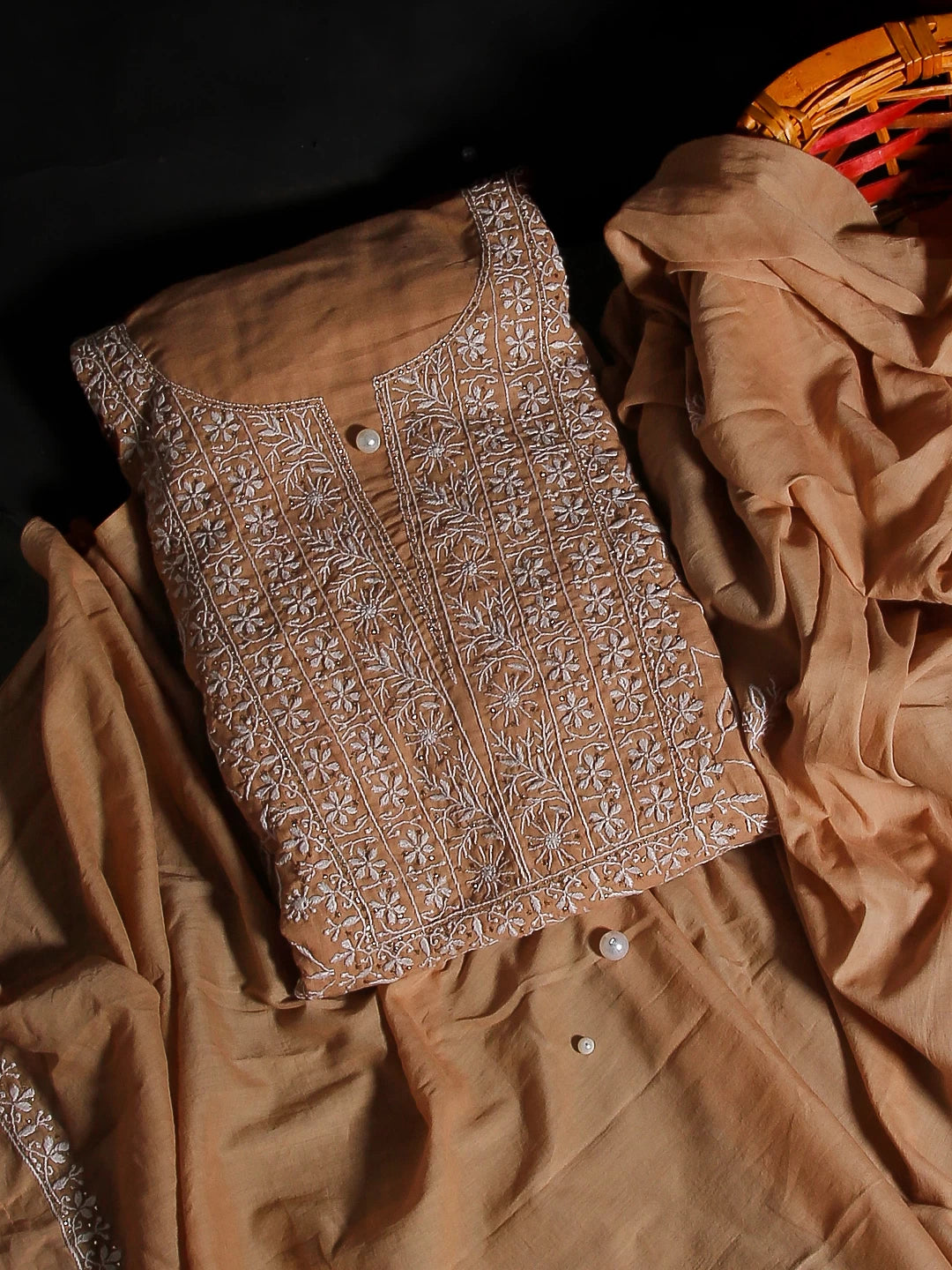 Ada Hand Embroidered French Beige Mul Cotton Lucknowi Chikankari Unstitched Kurta Dupatta Set With Mukaish Work 01A359733
