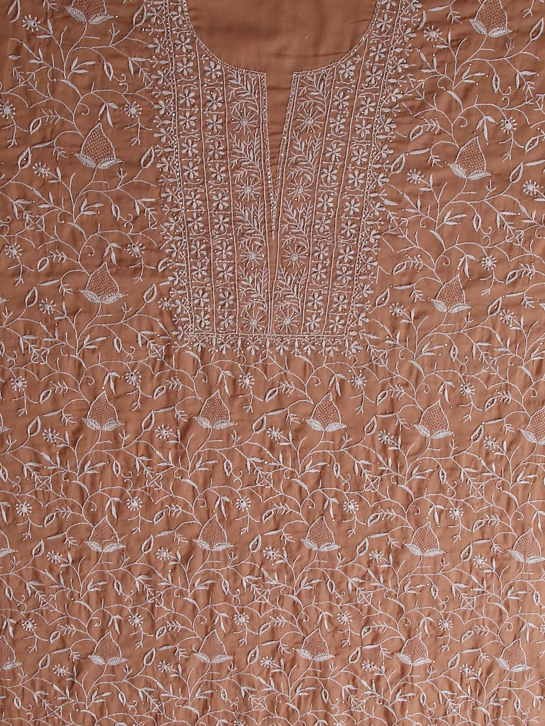 Ada Hand Embroidered French Beige Mul Cotton Lucknowi Chikankari Unstitched Kurta Dupatta Set With Mukaish Work 01A359733