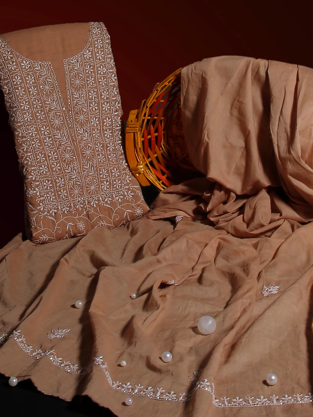 Ada Hand Embroidered French Beige Mul Cotton Lucknowi Chikankari Unstitched Kurta Dupatta Set With Mukaish Work 01A359733