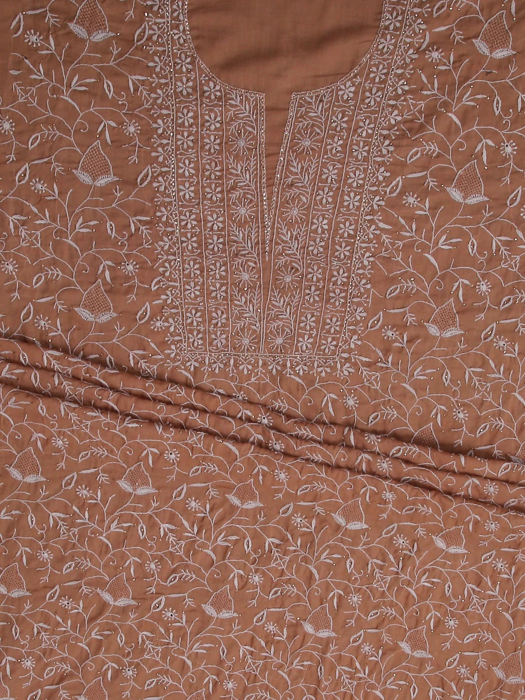 Ada Hand Embroidered French Beige Mul Cotton Lucknowi Chikankari Unstitched Kurta Dupatta Set With Mukaish Work 01A359733