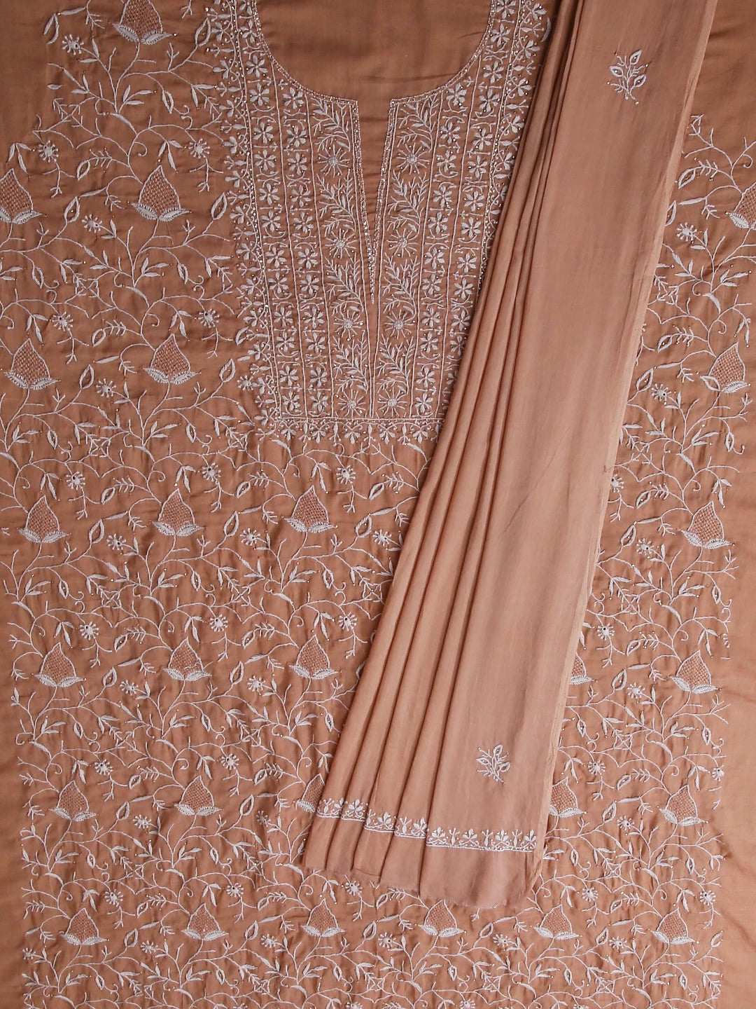 Ada Hand Embroidered French Beige Mul Cotton Lucknowi Chikankari Unstitched Kurta Dupatta Set With Mukaish Work 01A359733