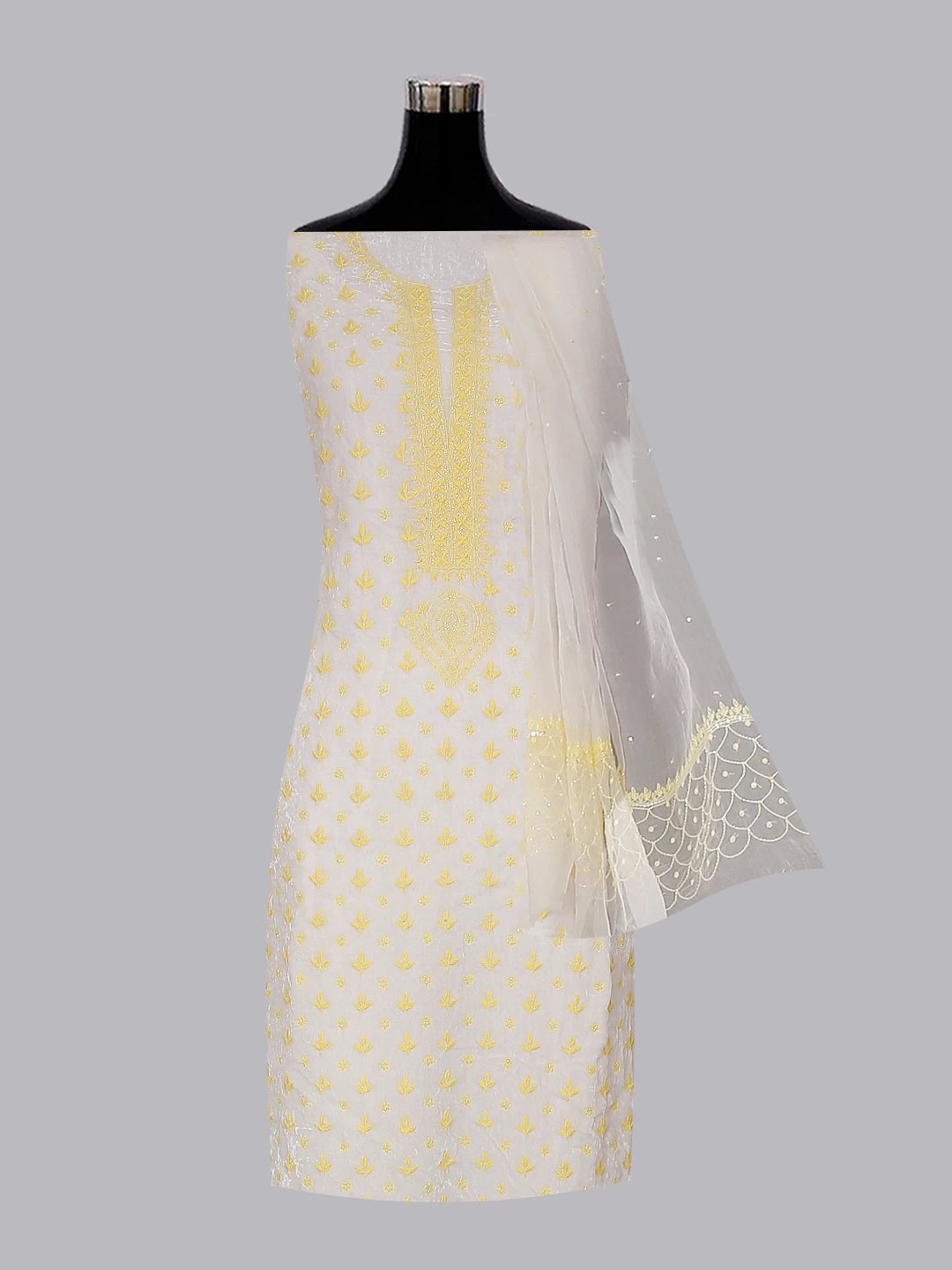 Ada Hand Embroidered White Velvet Lucknowi Chikankari Unstitched Kurta Dupatta Set With Cutdana Work 01A336985
