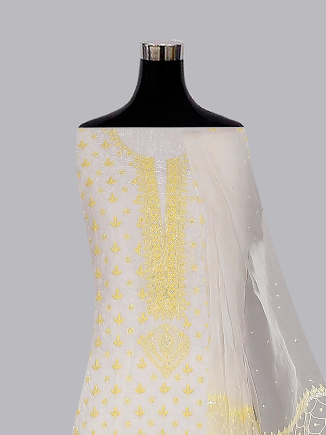 Ada Hand Embroidered White Velvet Lucknowi Chikankari Unstitched Kurta Dupatta Set With Cutdana Work 01A336985