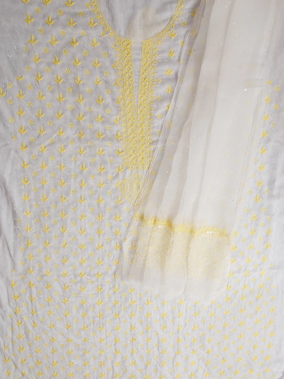 Ada Hand Embroidered White Velvet Lucknowi Chikankari Unstitched Kurta Dupatta Set With Cutdana Work 01A336985