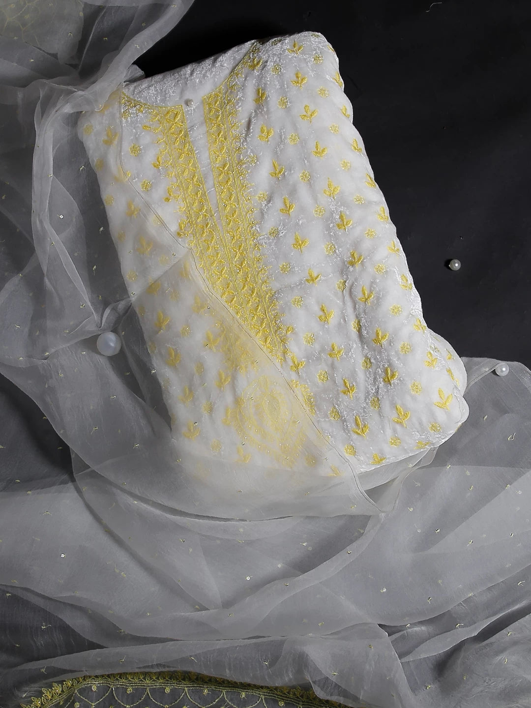 Ada Hand Embroidered White Velvet Lucknowi Chikankari Unstitched Kurta Dupatta Set With Cutdana Work 01A336985