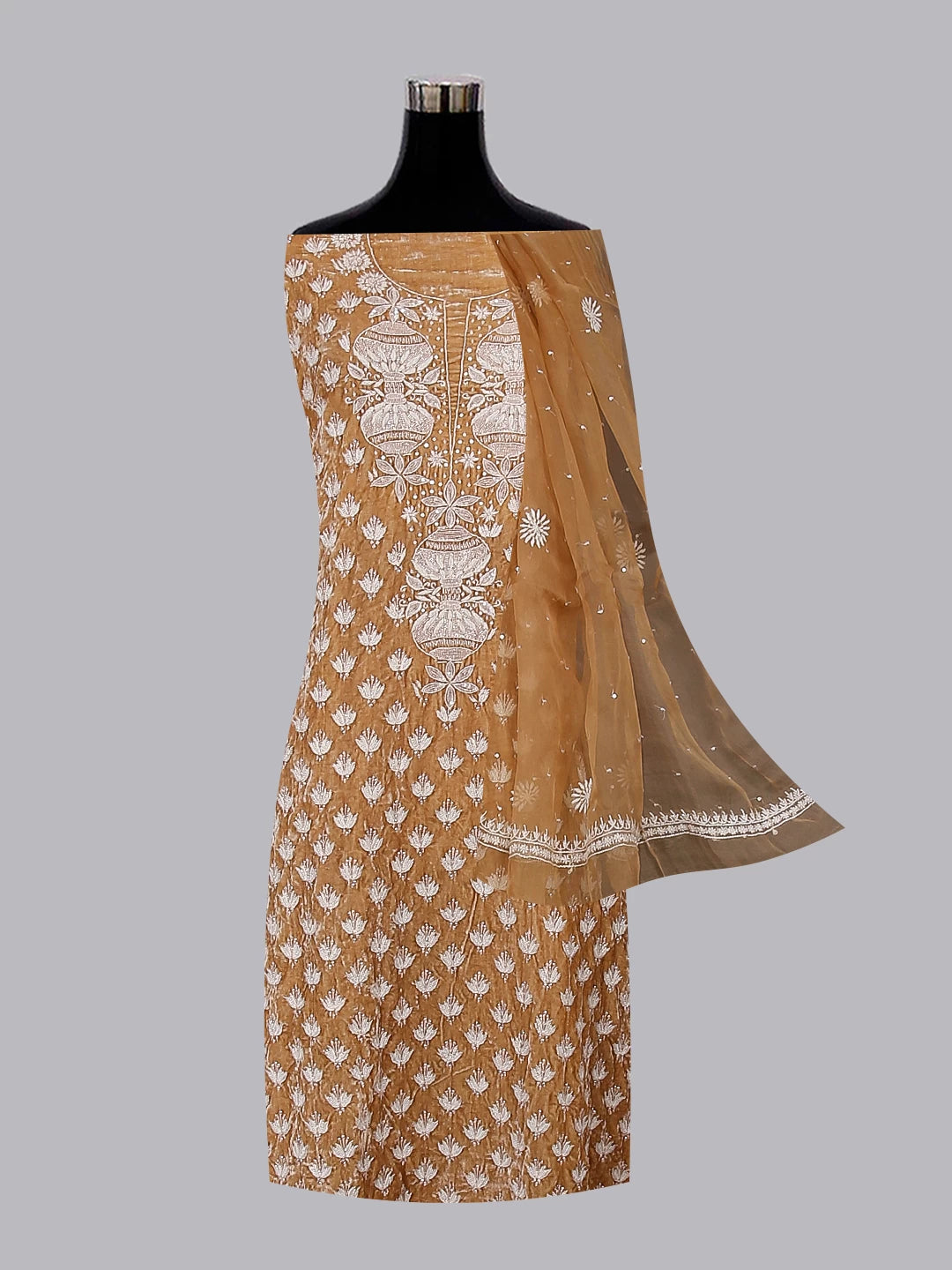 Ada Hand Embroidered Fawn Velvet Lucknowi Chikankari Unstitched Kurta Dupatta Set With Cutdana Work 01A340028