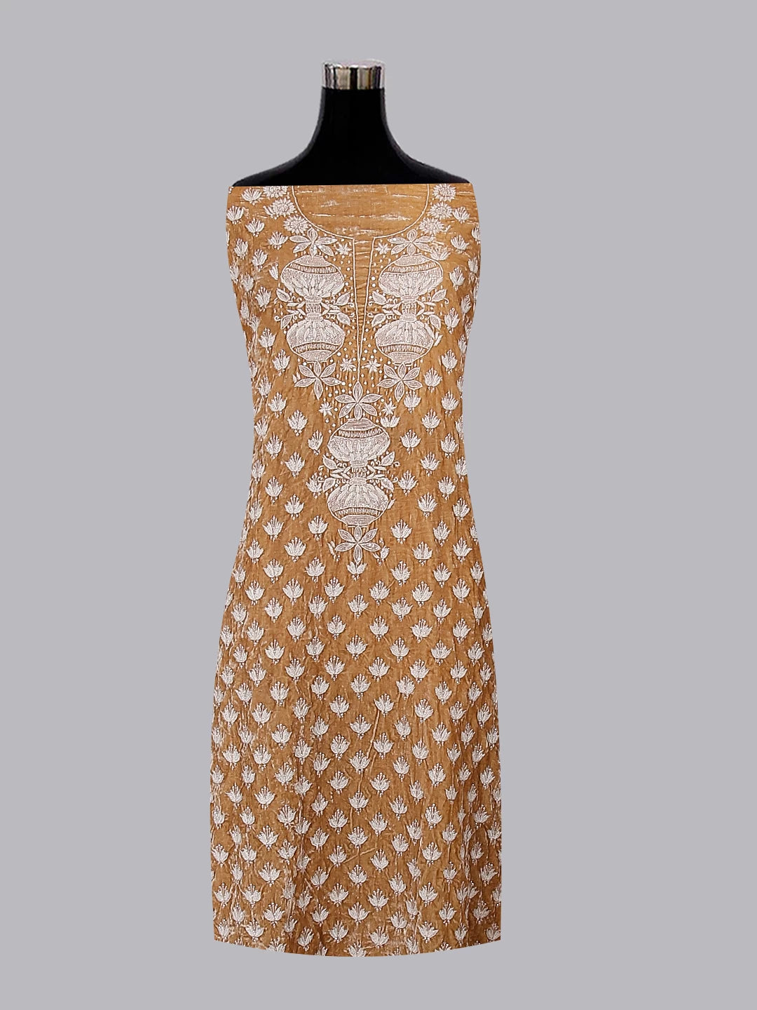 Ada Hand Embroidered Fawn Velvet Lucknowi Chikankari Unstitched Kurta Dupatta Set With Cutdana Work 01A340028