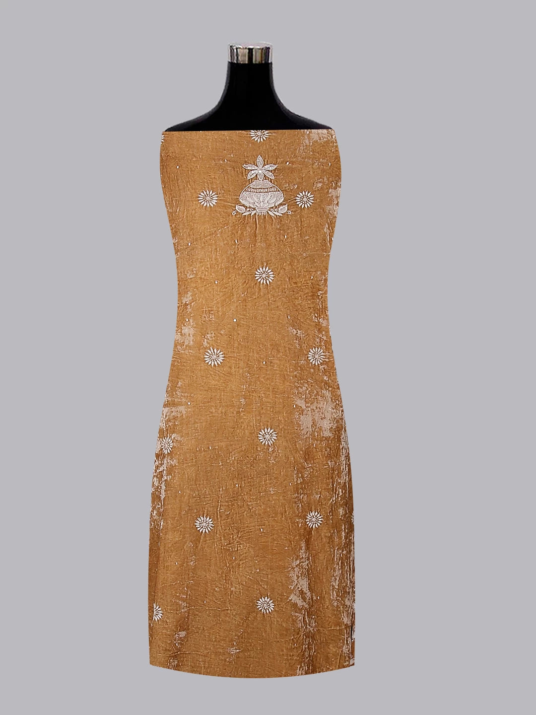Ada Hand Embroidered Fawn Velvet Lucknowi Chikankari Unstitched Kurta Dupatta Set With Cutdana Work 01A340028