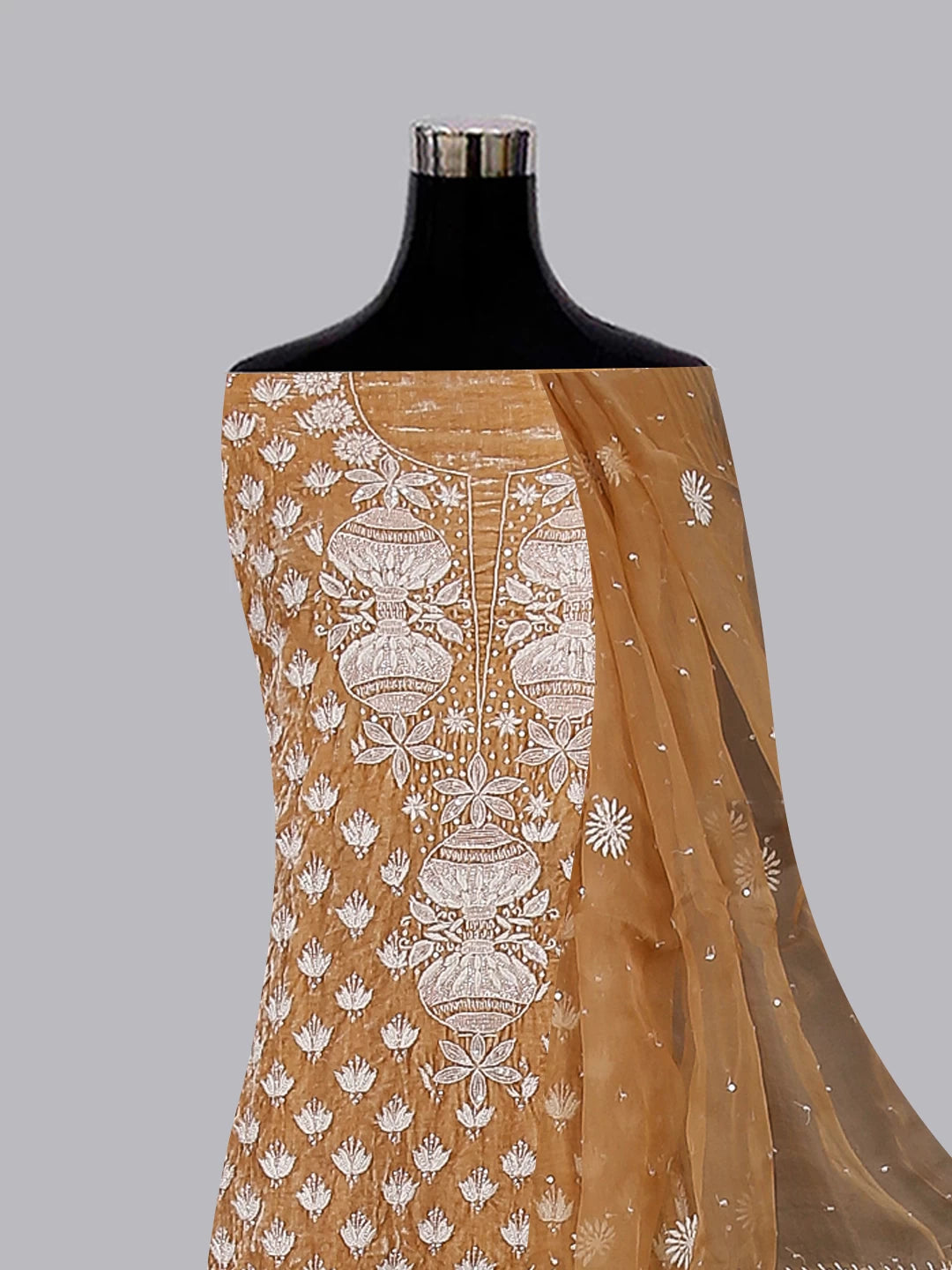 Ada Hand Embroidered Fawn Velvet Lucknowi Chikankari Unstitched Kurta Dupatta Set With Cutdana Work 01A340028