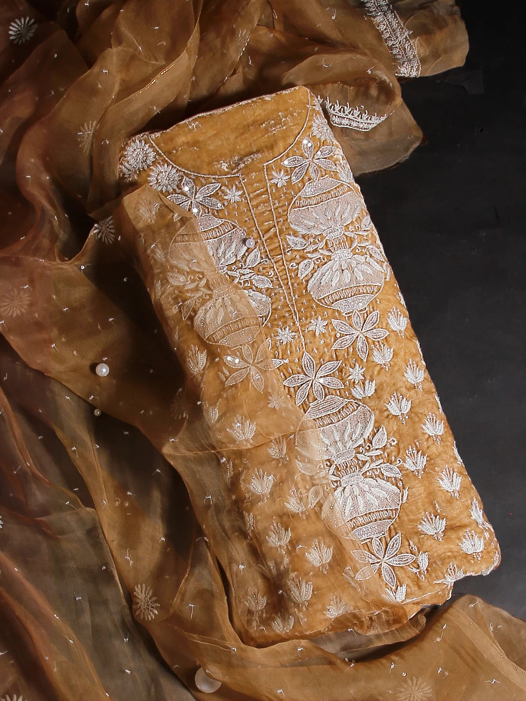 Ada Hand Embroidered Fawn Velvet Lucknowi Chikankari Unstitched Kurta Dupatta Set With Cutdana Work 01A340028