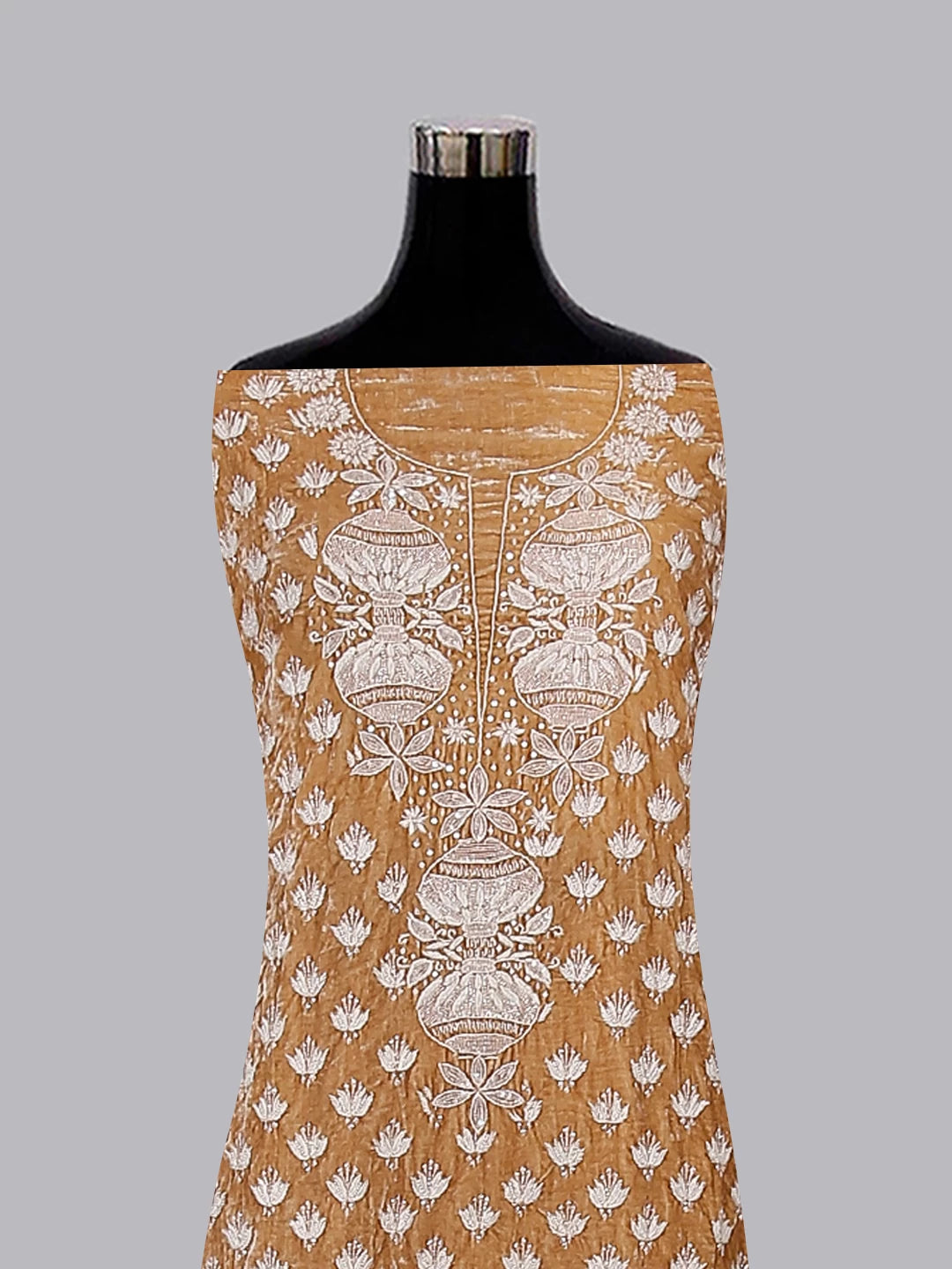 Ada Hand Embroidered Fawn Velvet Lucknowi Chikankari Unstitched Kurta Dupatta Set With Cutdana Work 01A340028