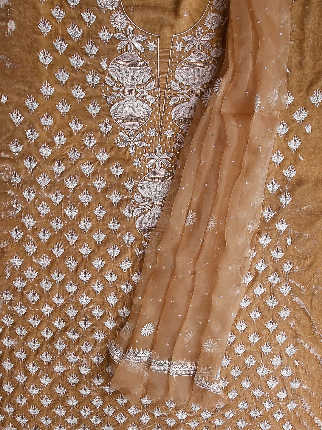 Ada Hand Embroidered Fawn Velvet Lucknowi Chikankari Unstitched Kurta Dupatta Set With Cutdana Work 01A340028