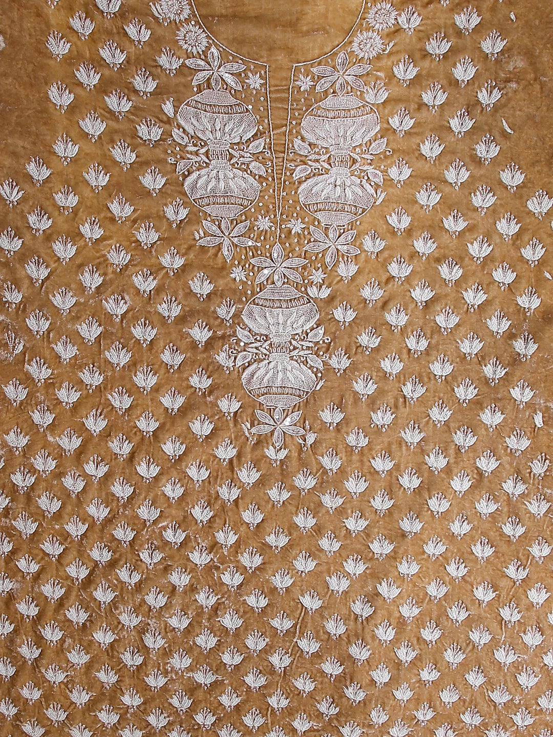 Ada Hand Embroidered Fawn Velvet Lucknowi Chikankari Unstitched Kurta Dupatta Set With Cutdana Work 01A340028
