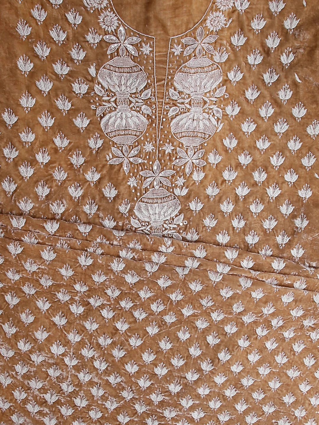 Ada Hand Embroidered Fawn Velvet Lucknowi Chikankari Unstitched Kurta Dupatta Set With Cutdana Work 01A340028