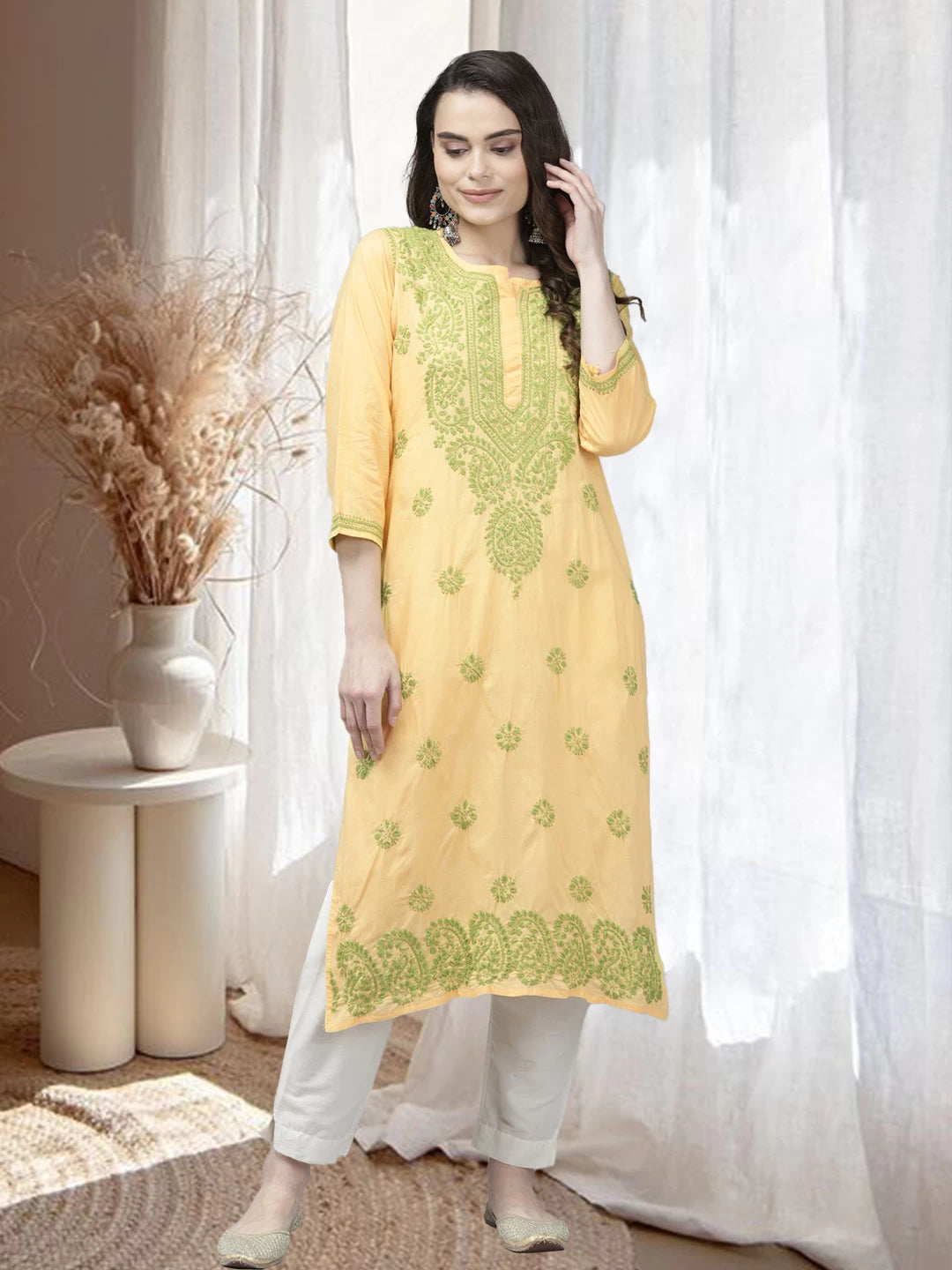 Ada Hand Embroidered Yellow Cotton Lucknow Chikan Straight Kurta A411371