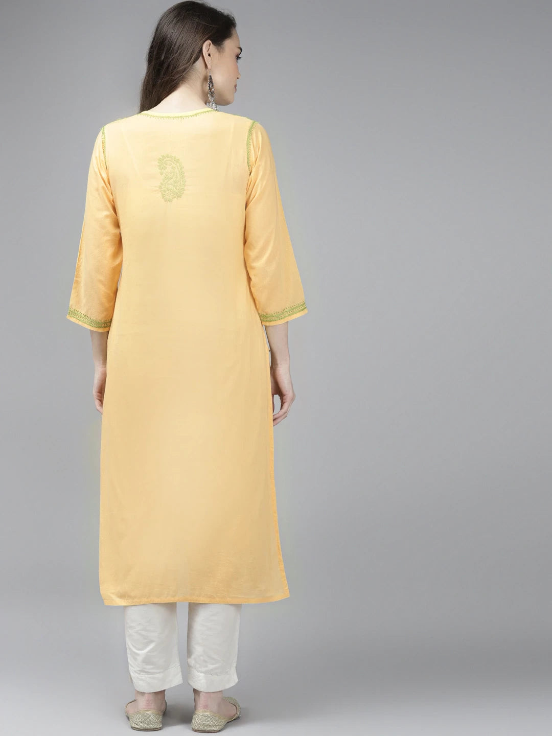 Ada Hand Embroidered Yellow Cotton Lucknow Chikan Straight Kurta A411371