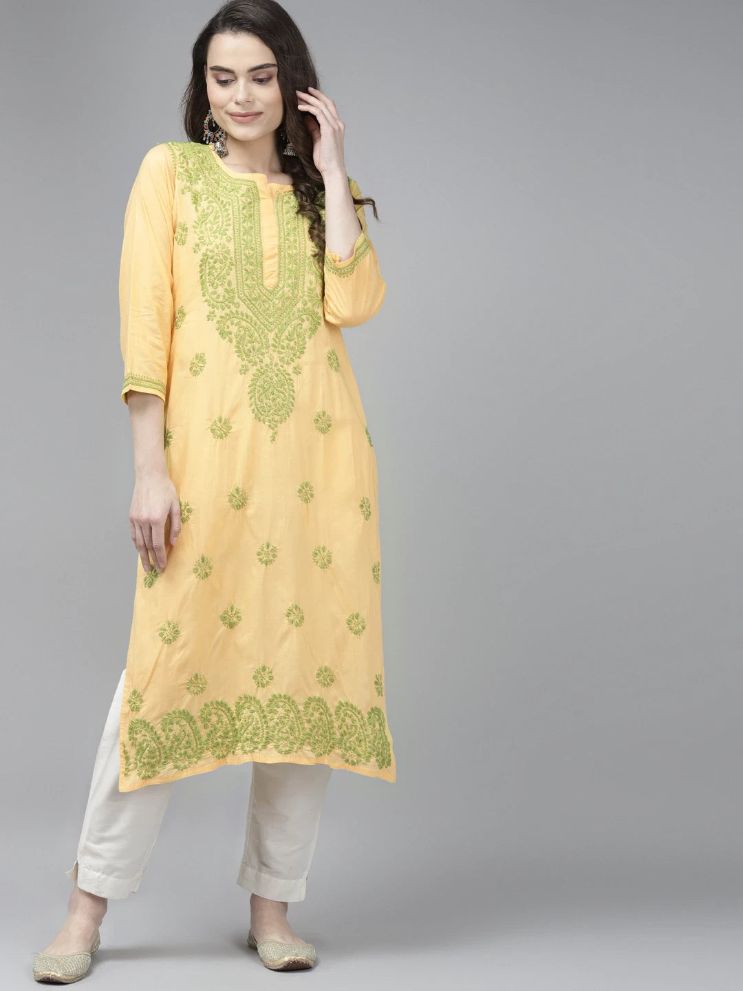 Ada Hand Embroidered Yellow Cotton Lucknow Chikan Straight Kurta A411371