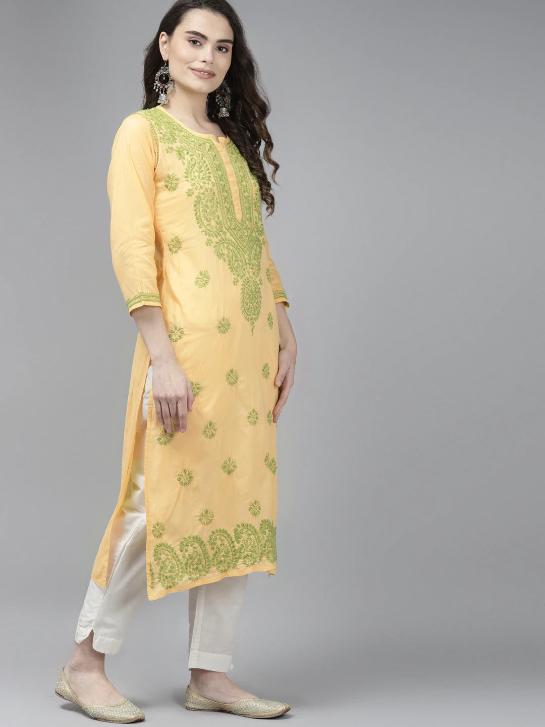 Ada Hand Embroidered Yellow Cotton Lucknow Chikan Straight Kurta A411371