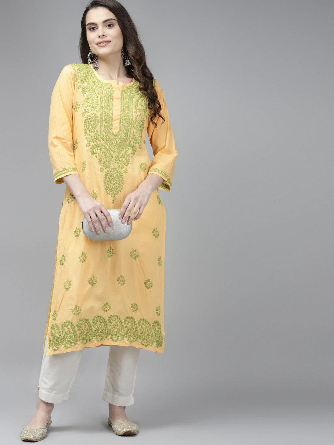 Ada Hand Embroidered Yellow Cotton Lucknow Chikan Straight Kurta A411371