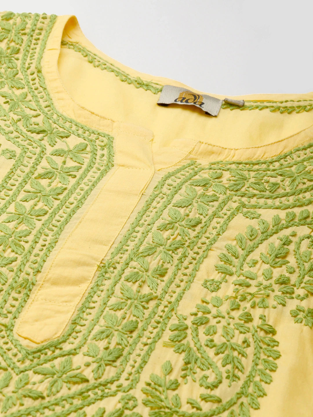 Ada Hand Embroidered Yellow Cotton Lucknow Chikan Straight Kurta A411371
