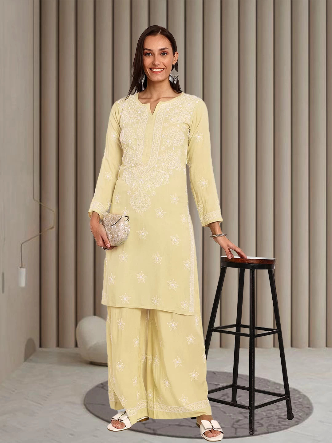 Ada Hand Embroidered Lemon Modal Lucknowi Chikankari Co-Ord Set A811234