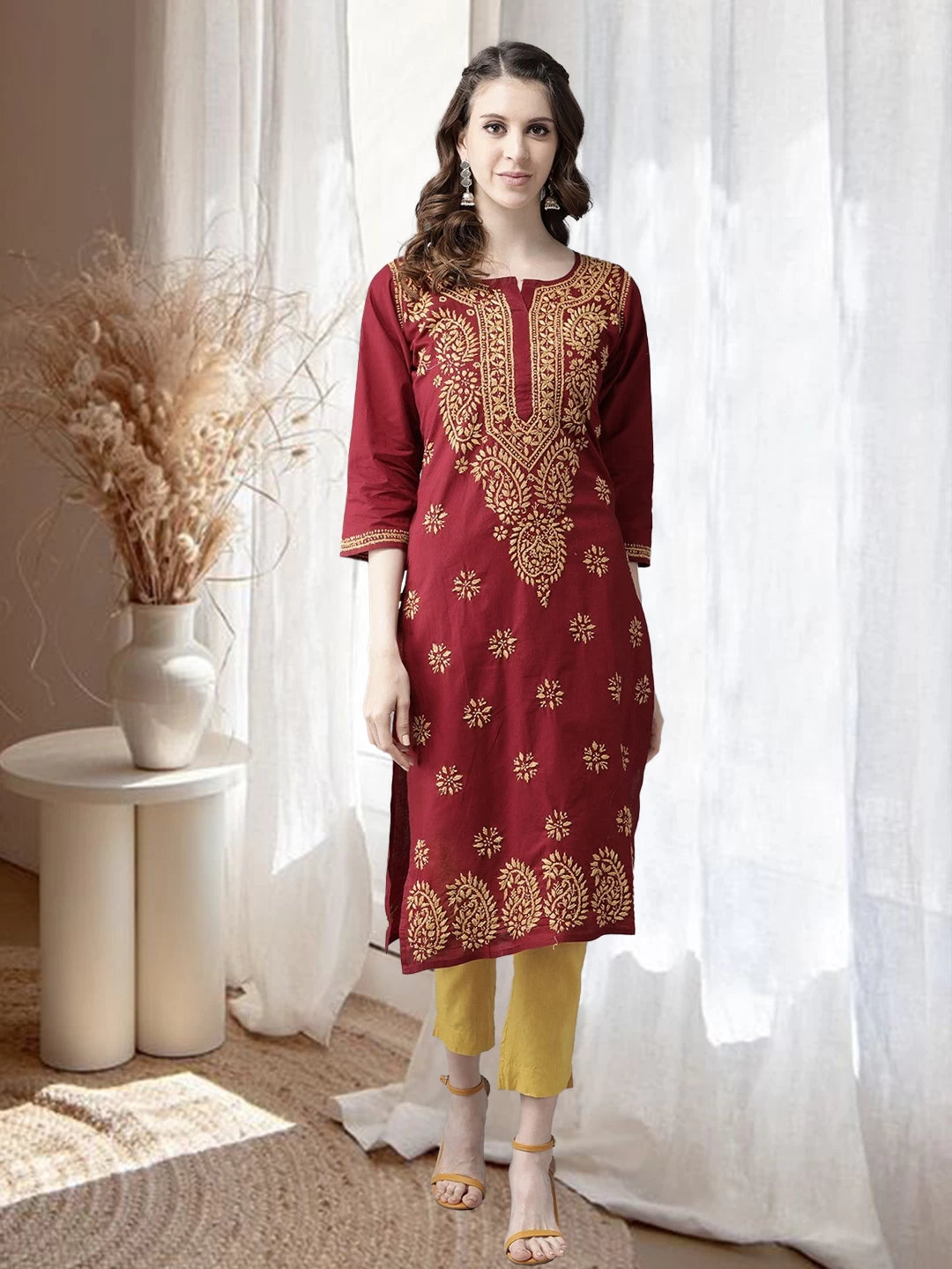 Ada Hand Embroidered Maroon Cotton Lucknowi Chikankari Straight Kurta A188266