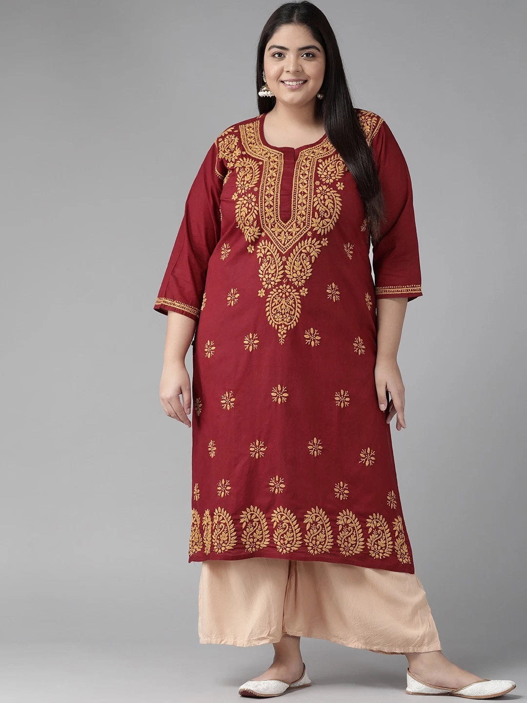 Ada Hand Embroidered Maroon Cotton Lucknowi Chikankari Straight Kurta A188266