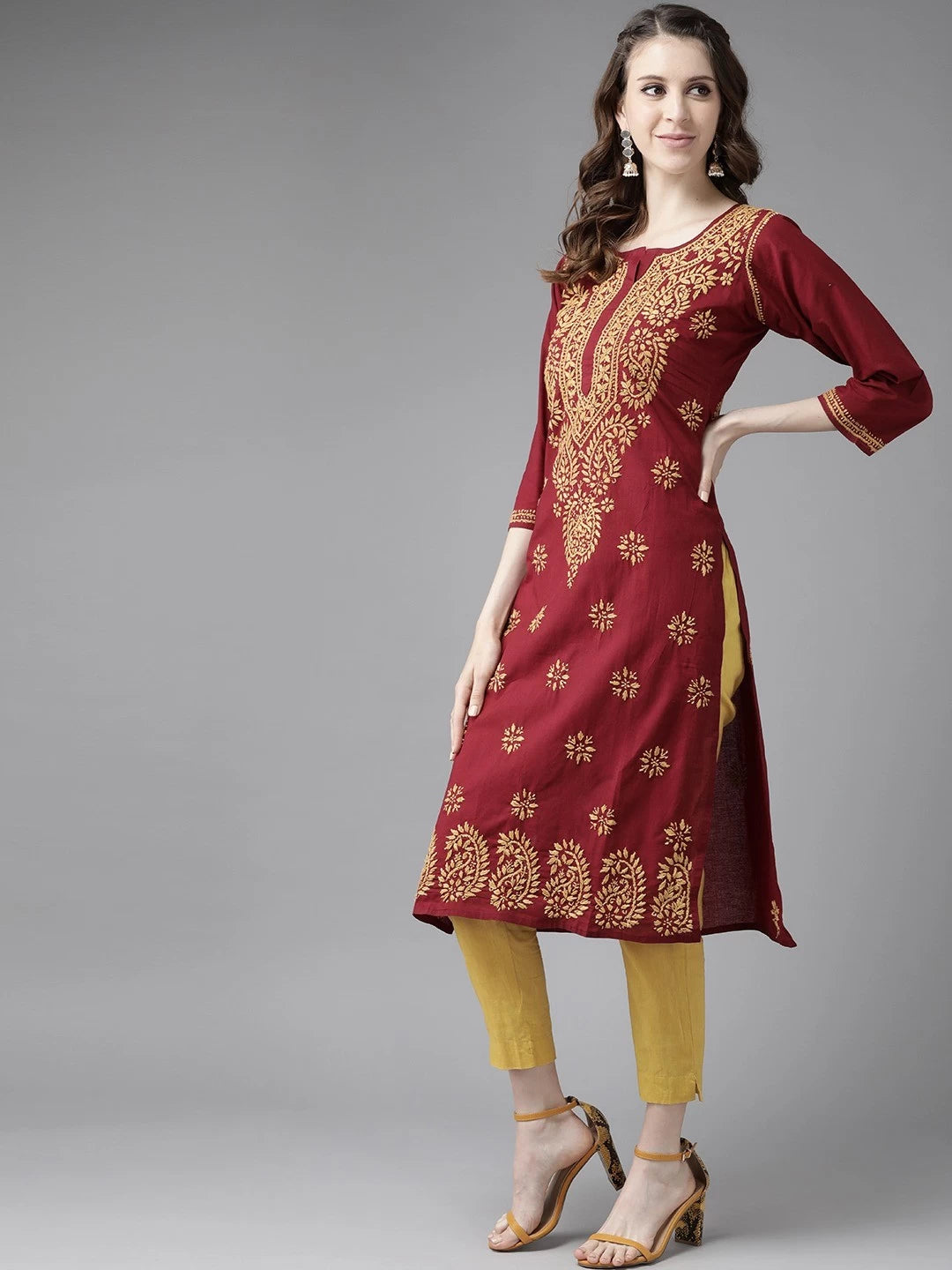 Ada Hand Embroidered Maroon Cotton Lucknowi Chikankari Straight Kurta A188266