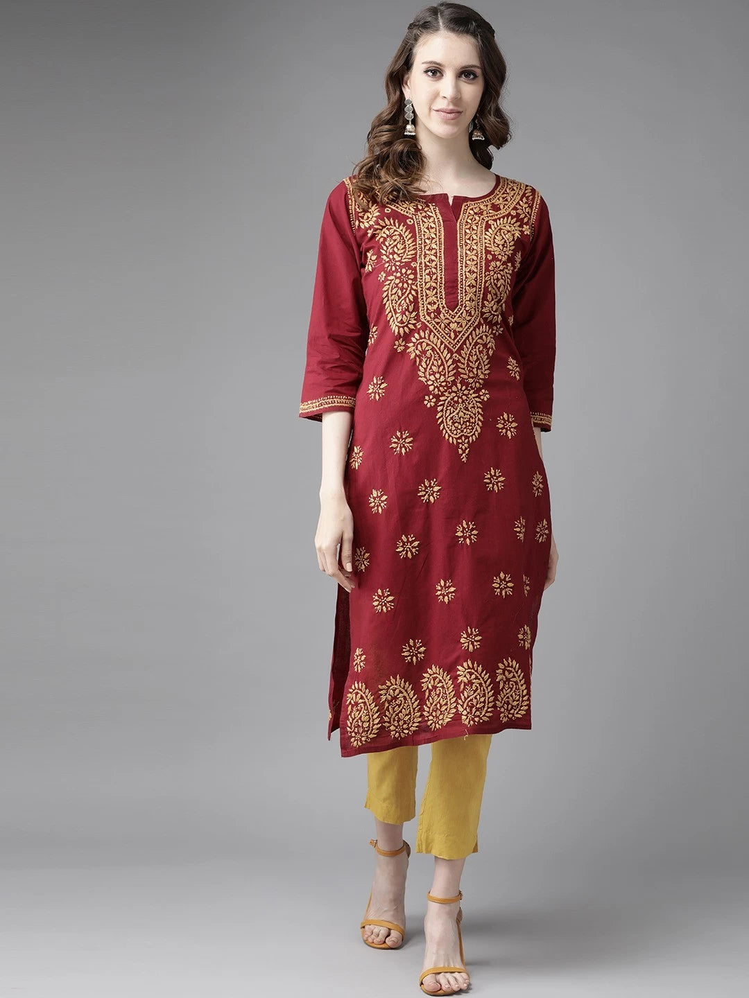 Ada Hand Embroidered Maroon Cotton Lucknowi Chikankari Straight Kurta A188266