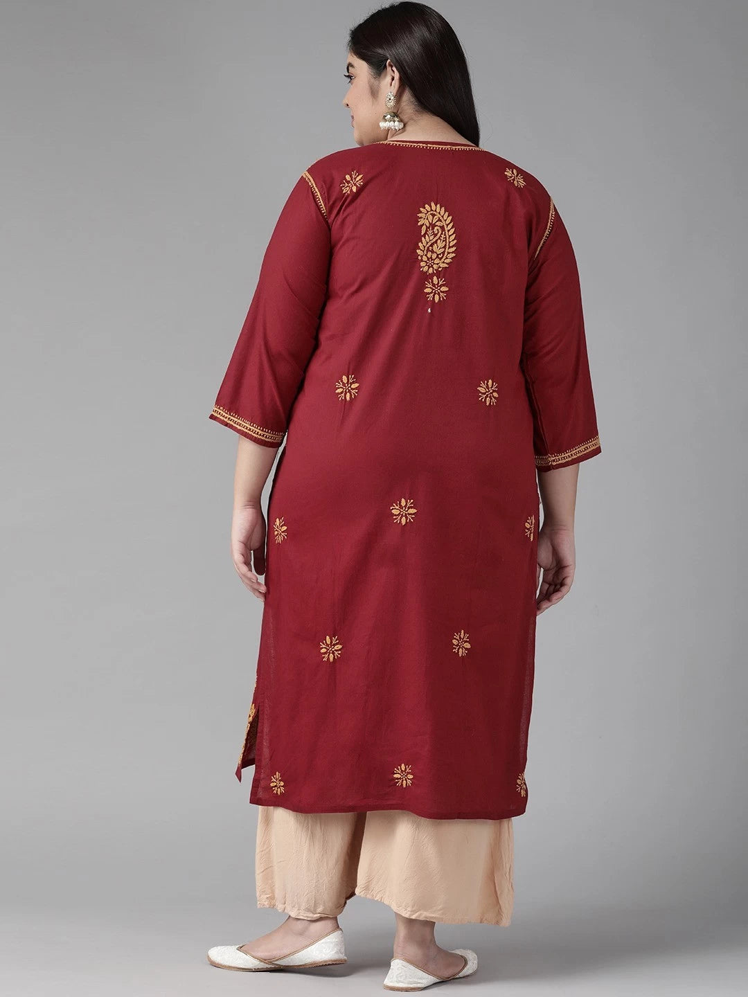 Ada Hand Embroidered Maroon Cotton Lucknowi Chikankari Straight Kurta A188266