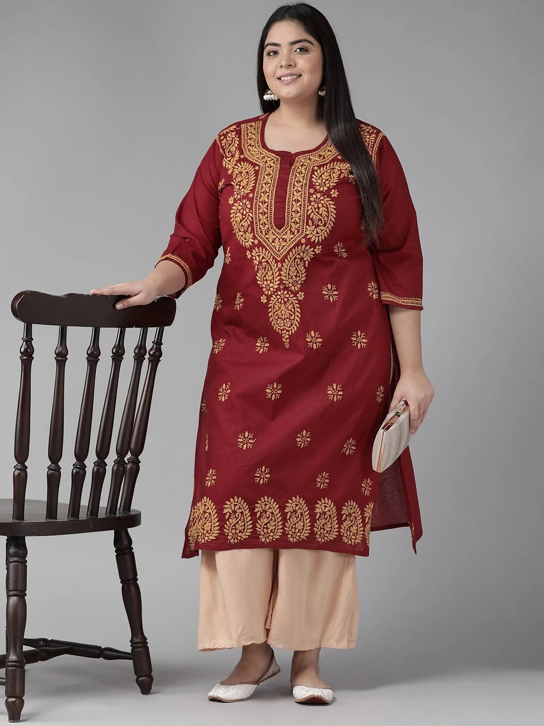 Ada Hand Embroidered Maroon Cotton Lucknowi Chikankari Straight Kurta A188266