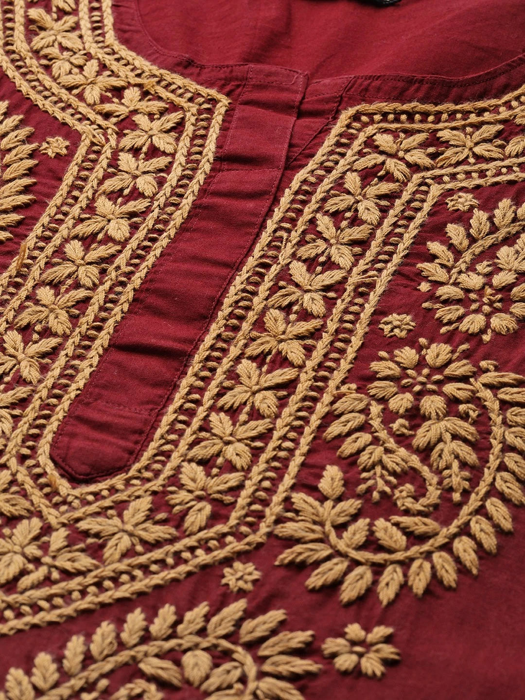 Ada Hand Embroidered Maroon Cotton Lucknowi Chikankari Straight Kurta A188266