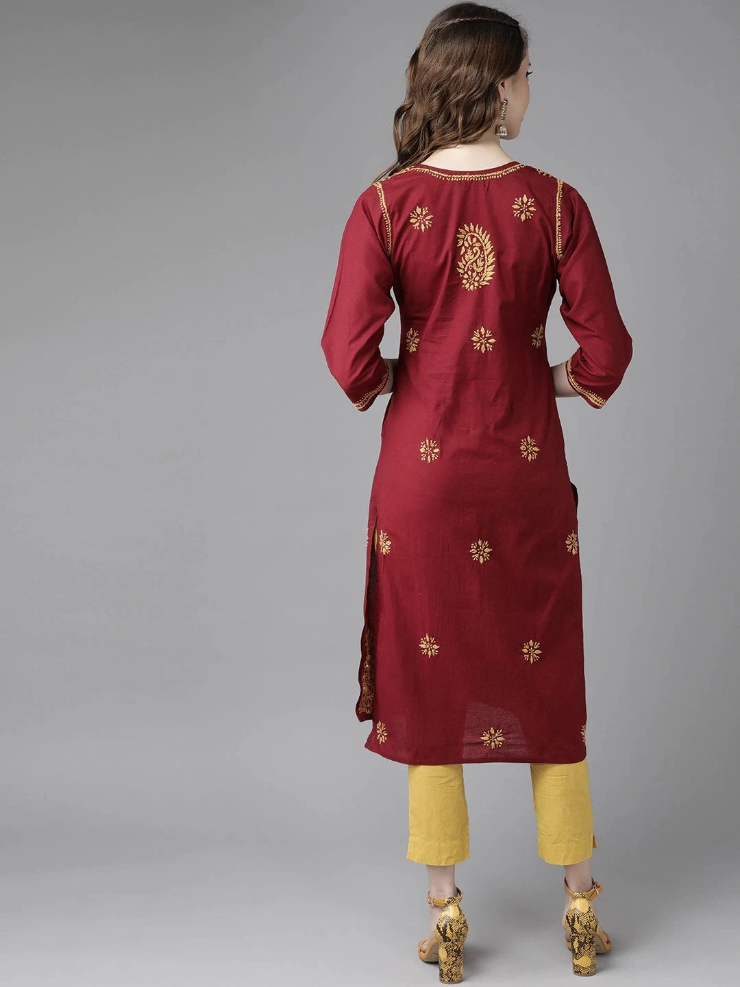 Ada Hand Embroidered Maroon Cotton Lucknowi Chikankari Straight Kurta A188266