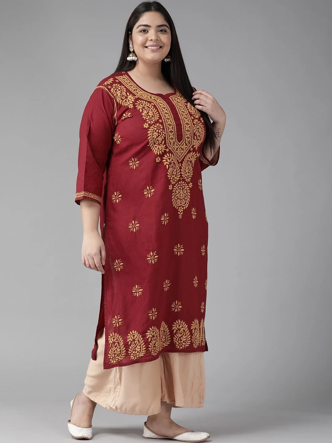 Ada Hand Embroidered Maroon Cotton Lucknowi Chikankari Straight Kurta A188266