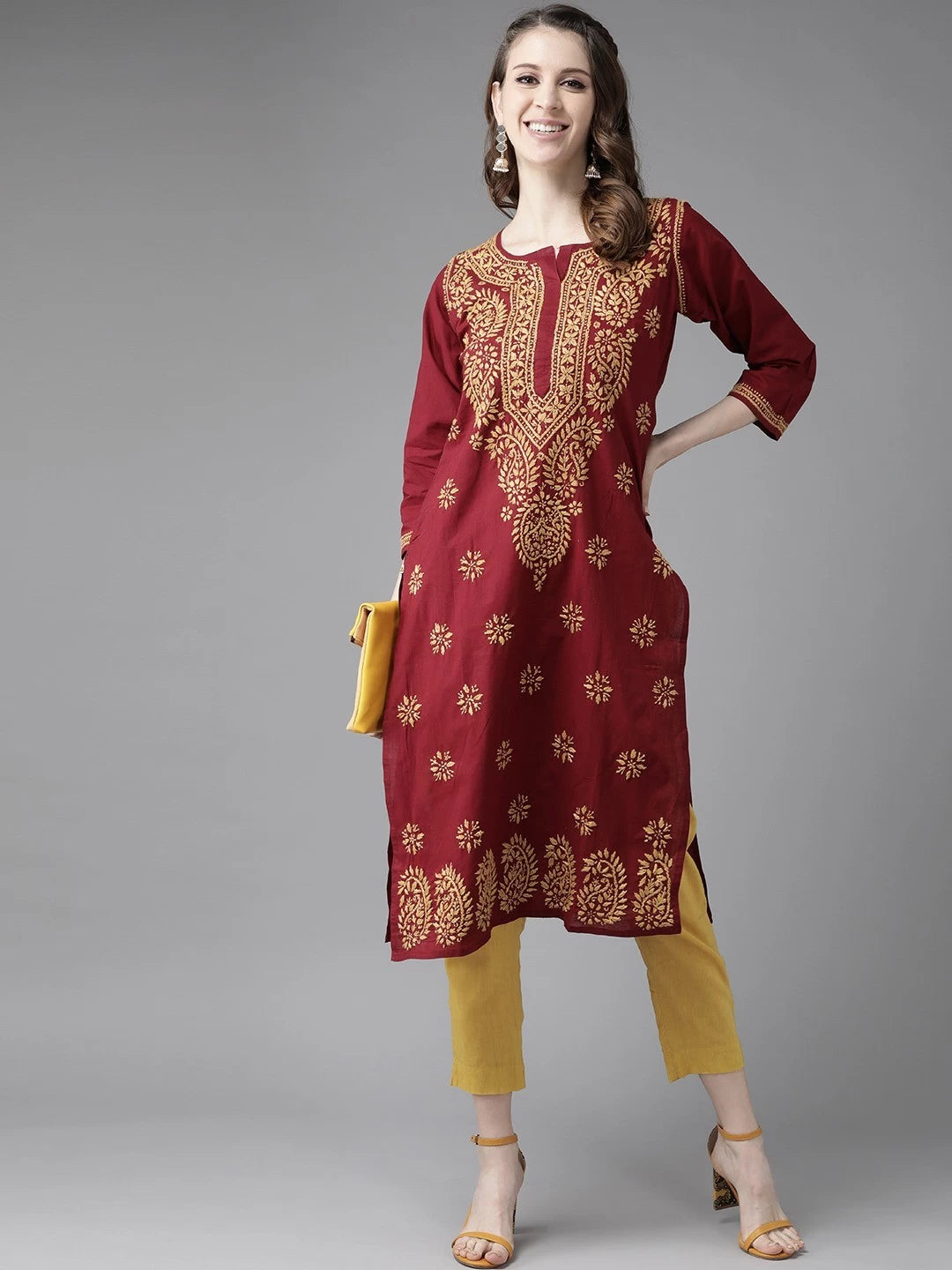 Ada Hand Embroidered Maroon Cotton Lucknowi Chikankari Straight Kurta A188266
