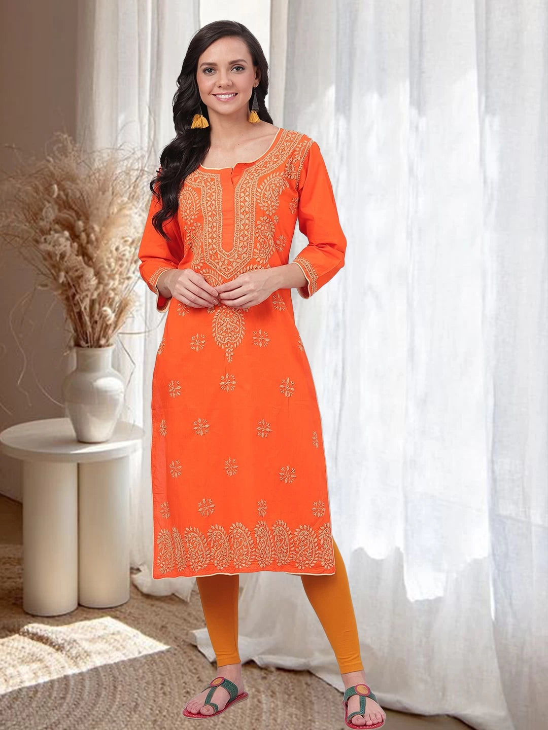 Ada Hand Embroidered Orange Cotton Lucknowi Chikankri Straight Kurta A188176