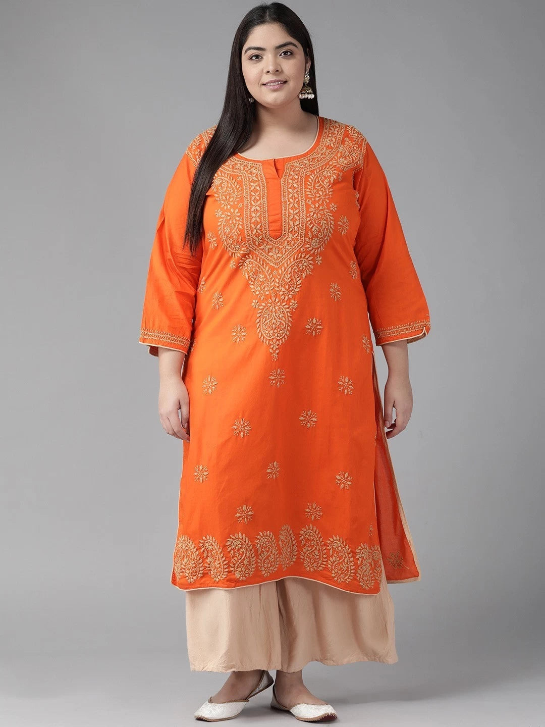 Ada Hand Embroidered Orange Cotton Lucknowi Chikankri Straight Kurta A188176