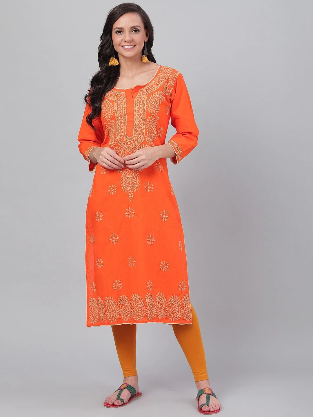 Ada Hand Embroidered Orange Cotton Lucknowi Chikankri Straight Kurta A188176