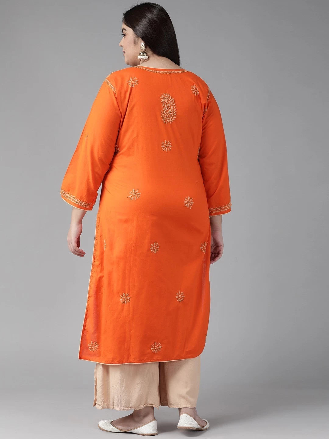 Ada Hand Embroidered Orange Cotton Lucknowi Chikankri Straight Kurta A188176