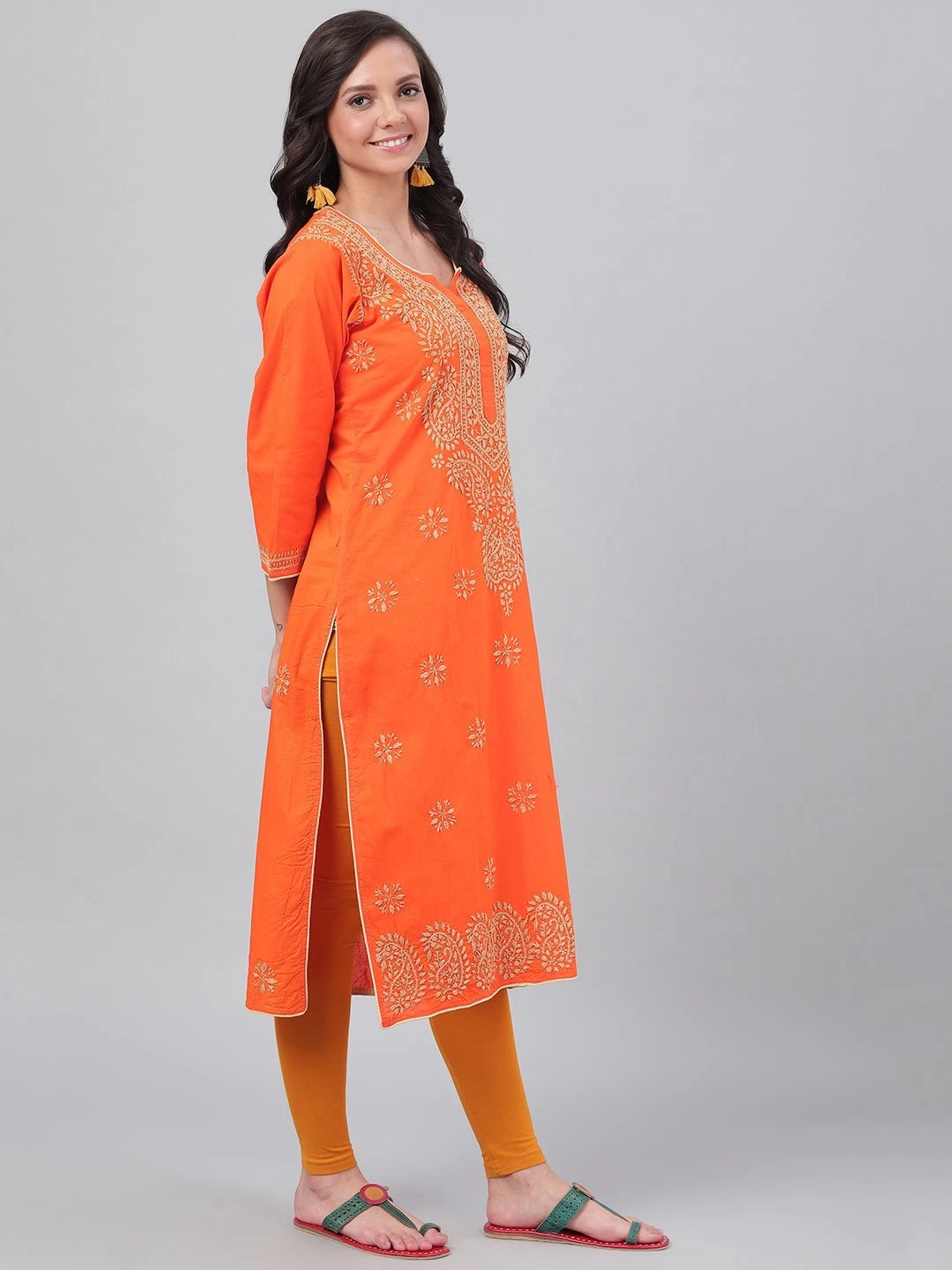 Ada Hand Embroidered Orange Cotton Lucknowi Chikankri Straight Kurta A188176