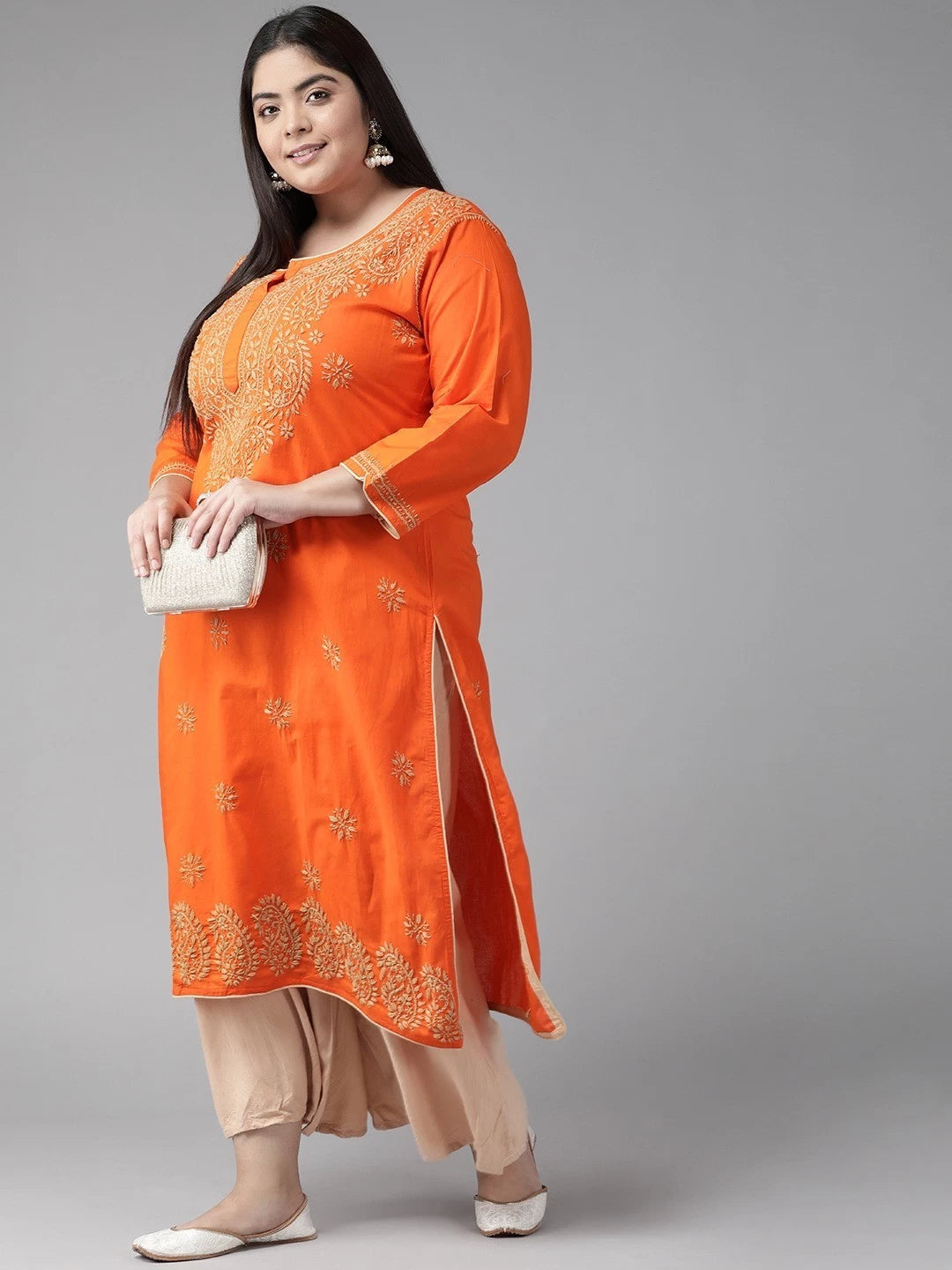 Ada Hand Embroidered Orange Cotton Lucknowi Chikankri Straight Kurta A188176