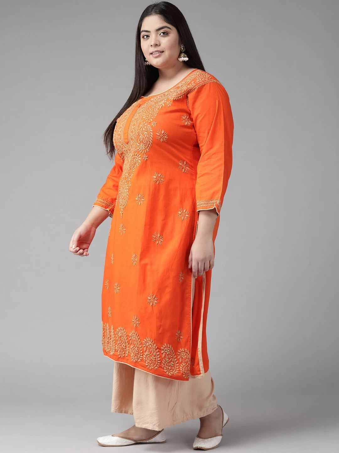 Ada Hand Embroidered Orange Cotton Lucknowi Chikankri Straight Kurta A188176