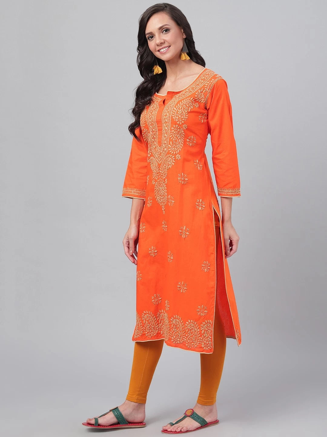 Ada Hand Embroidered Orange Cotton Lucknowi Chikankri Straight Kurta A188176