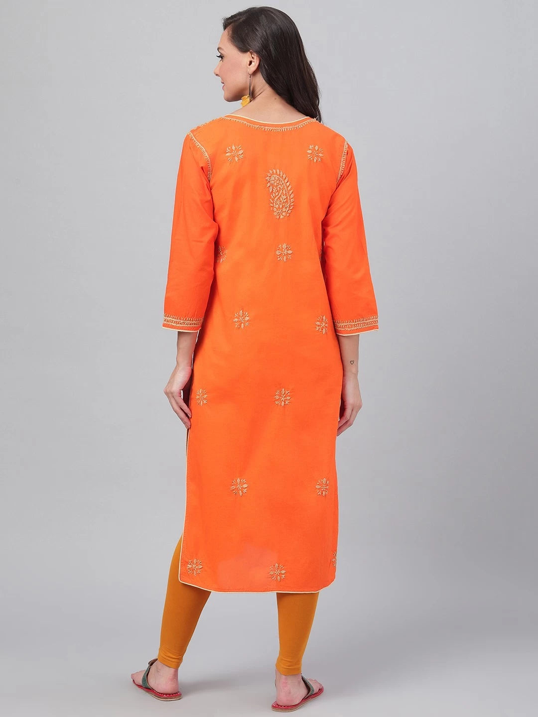 Ada Hand Embroidered Orange Cotton Lucknowi Chikankri Straight Kurta A188176