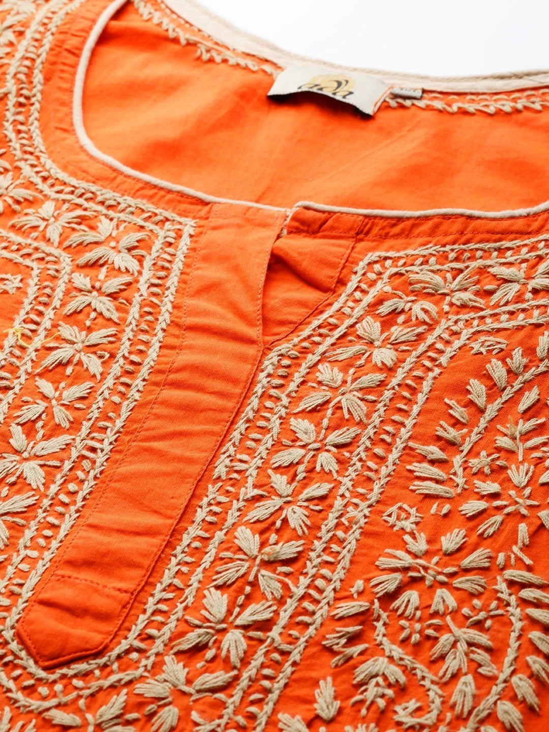 Ada Hand Embroidered Orange Cotton Lucknowi Chikankri Straight Kurta A188176