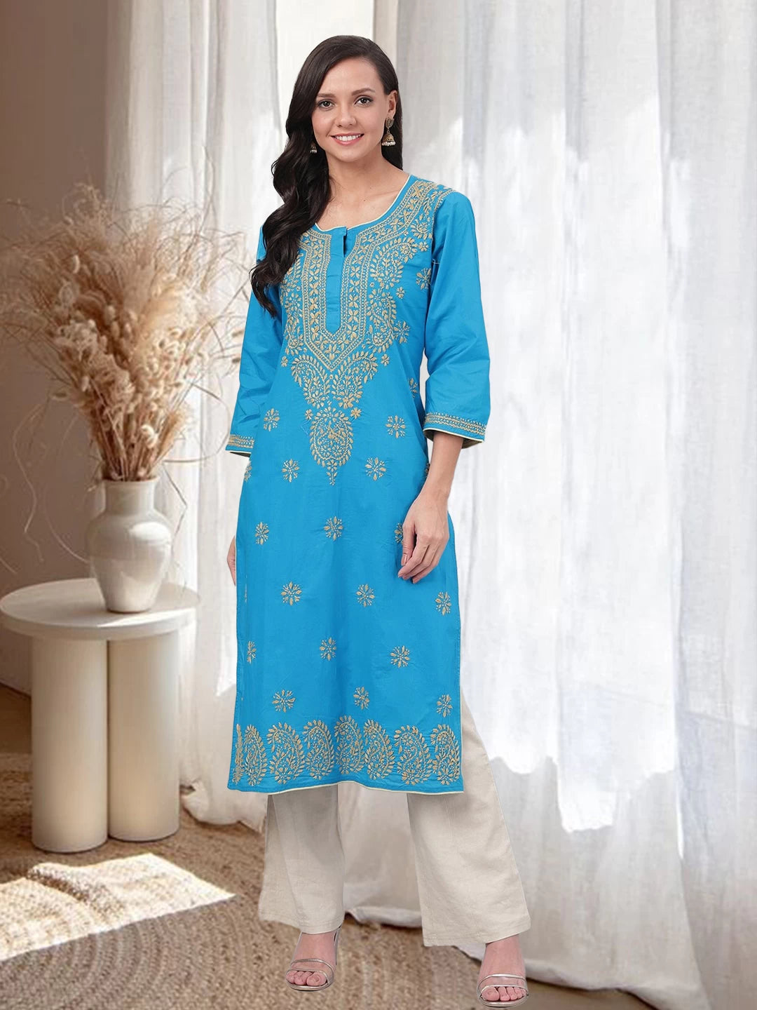 Ada Hand Embroidered Blue Pure Cambric Cotton Lucknowi Chikankari Straight Kurta A214156
