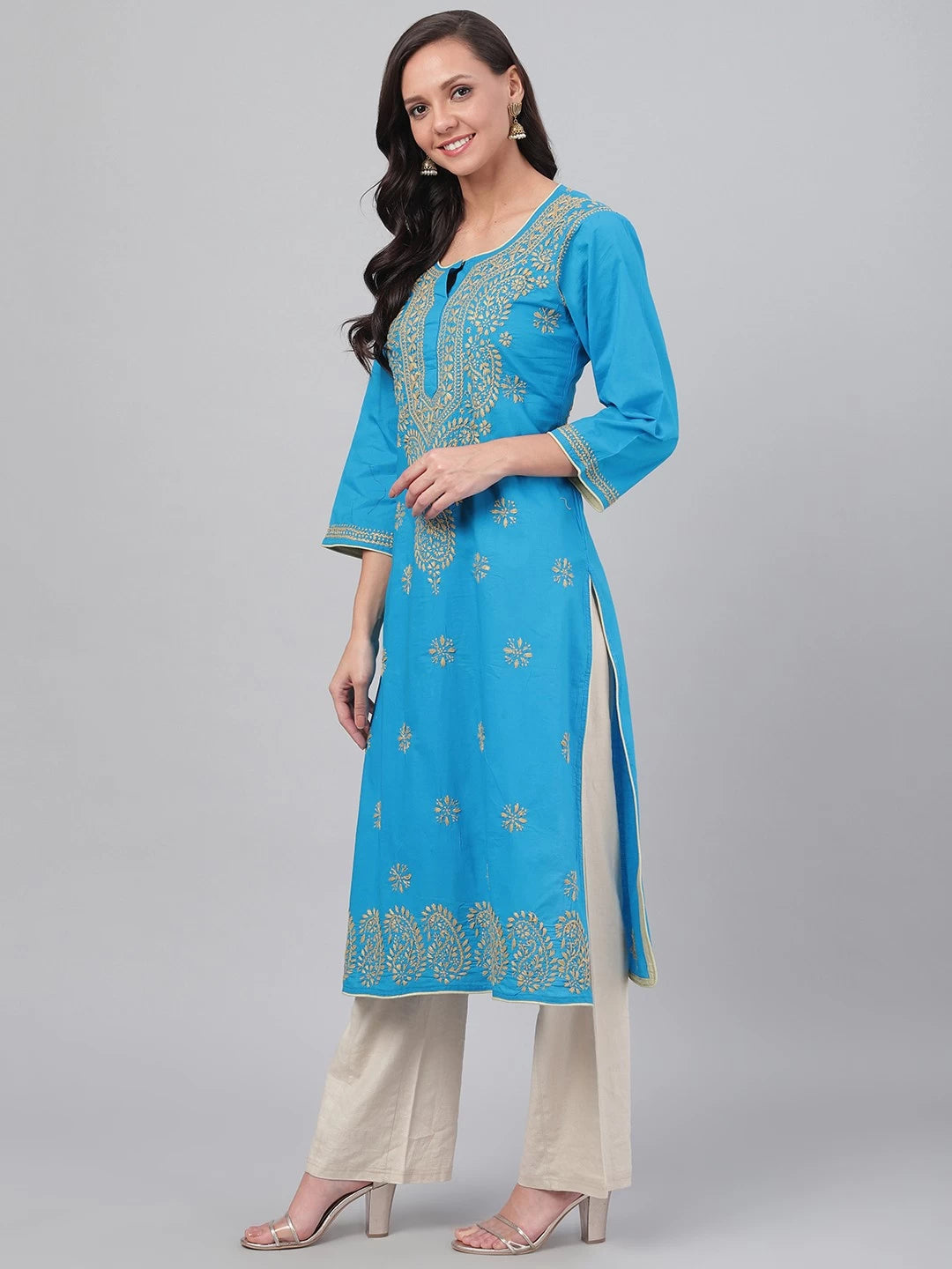 Ada Hand Embroidered Blue Pure Cambric Cotton Lucknowi Chikankari Straight Kurta A214156